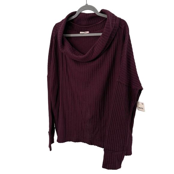 Free People Waffle Knit Rough Hem Open Back Sweater L Wine/Burgundy Cowl/Scoop - Picture 3 of 10